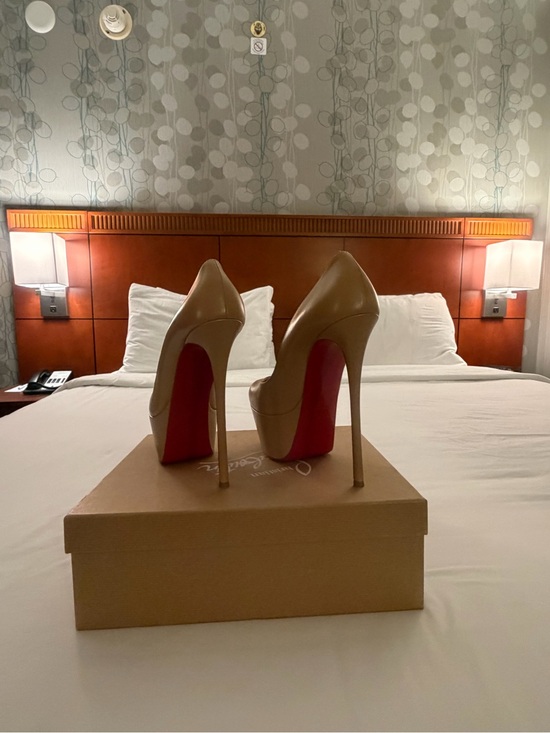 Christian Louboutin Shoes - Christian Louboutin Nude Patent Platform Pumps with Signature Red Soles